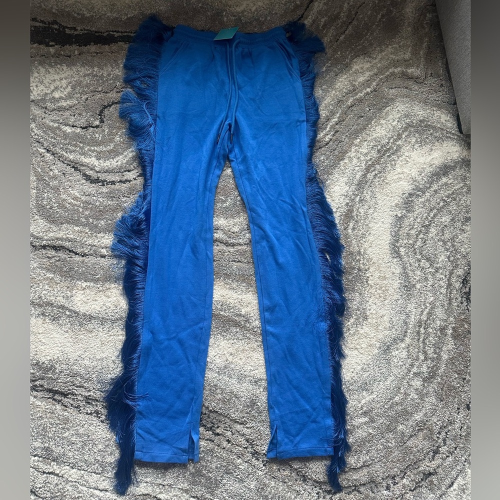Blue fringe sweatpants
